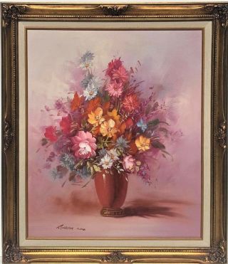 Listed Artist Robert Cox (1934 - 2001) Oil Painting On Canvas Still Life,  Flowers