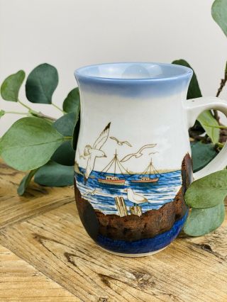 Otagiri Vintage Stoneware Coffee Mug Nautical Fishing Boat Ocean Harbor Seagulls