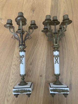 Set Of 2 Antique Bronze And Marble Candelabras