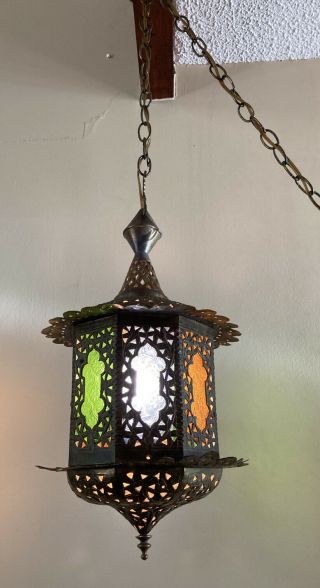 Moroccan Style Antique Brass Swag Hanging Lamp Light Fixture Stained Glass Vtg