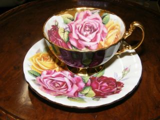 Aynsley Bone China England Cup & Saucer Roses Black Gold Accent Nicks
