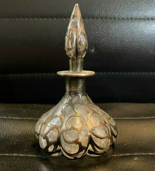 Antique Alvin.  999 Sterling Silver Overlay Glass Art Nouveau Deco Perfume Bottle