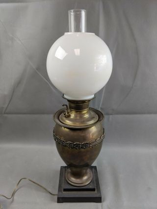 Antique Edward Miller The Juno Lamp Electrified Milk Glass Globe Flower Band Bas
