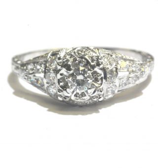 Platinum.  29ct Si1 H Round Diamond Art Deco Engagement Ring 3g Vintage 6.  5
