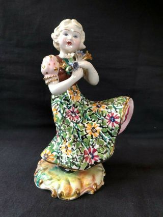 Antique Italian Porcelain Figurine.  Girl With Flowers.  Marked Bottom