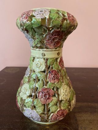 Emil Fischer Antique Reticulated Floral Pottery Vase C.  1920s Budapest