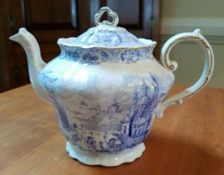 Antique Ridgways England Oriental Teapot Blue White Transferware Gold