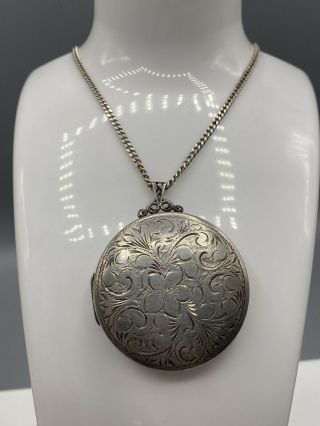 Very Large Vintage Solid Silver Circular Locket & Curb Chain London 1973 38.  5g
