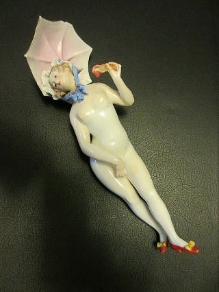 Antique Nude Porcelain Woman Figurine Bathing Beauty Nude W Umbrella