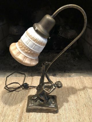 Circa 1928 Armor Bronze Art Deco Figural Nude Lady Spelter Lamp For Repair