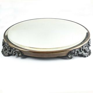 Fine Bronze Antique Victorian Round Plateau Beveled Vanity Mirror Footed Tray