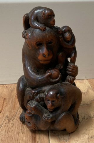 Vintage Antique Asian Chinese/japanese? Carved Wood Baboon Monkeys Figurine