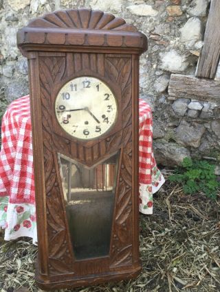 Antique French Walnut Clock Box Wood Hand Carved Alps Wooden Wall Leaded Glass