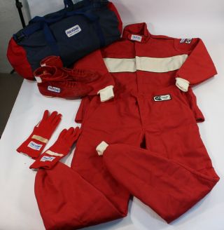 Vtg Racequip Red Full Car Auto Racing Track Suit Uniform Jacket Pants Shoes