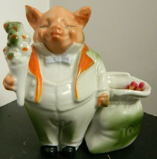 Antique German Pink Pig Porcelain Pig In Tuxedo W/ Flowers & $1,  000,  000 Very Gd