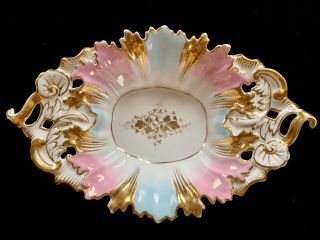 Antique Austrian Porcelain China Serving Bowl Pink Blue Gold Gilt