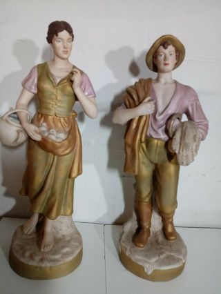 Royal Dux Bohemia Statue Pair Boy Girl Farmers 21 " Tall