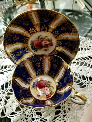 Paragon Royal Blue Gold Fruit Bottom Tea Cup And Saucer