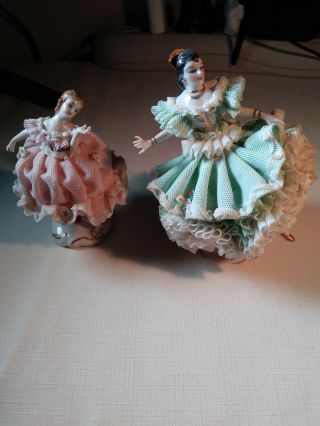 2 Vintage Irish Dresden Porcelain Lace Figurines.  5 " Dolores Emerald.
