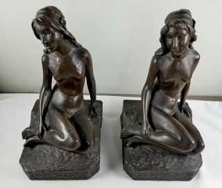 Antique Vtg Bronze Clad Nude Lady Figure Sculpture Bookends By K.  B.  W.  Art Bronz