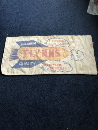 Vintage Rare Flynns Hybrid Seed Corn Sack Schuyler Nebraska Bag Cloth Farm Feed