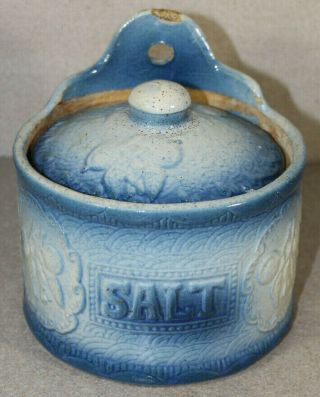 Vintage Blue & White Stoneware Salt Box Wall Mounted Crock With Lid