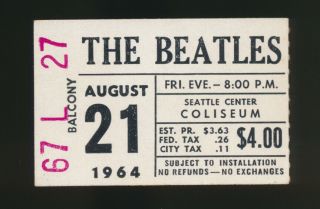 Beatles Vintage 1964 Seattle Center Coliseum Concert Ticket Stub White Version