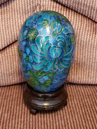 Vintage Chinese Cloisonne Enamel Egg With Wooden Stand And Gift Box
