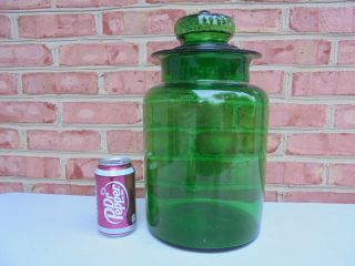 Extra Large Vintage Green Blown Glass Apothecary Jar W Daisy Lid 14 1/2 "