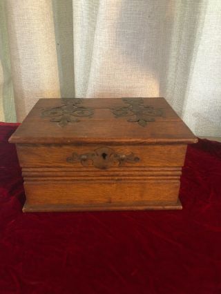 Antique Oak Jewelry /trinket Box W/ Ornate Metal Work Handmade