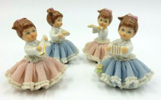 Set Of 4 Vintage German Dresden Lace Porcelain Sandizell Little Girl Musicians