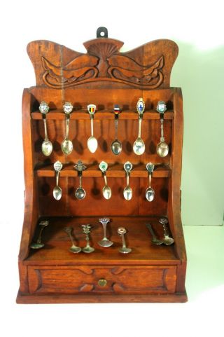 Rare Early American Hand Carved Wooden Spoon Rack With Several Vintage Spoons