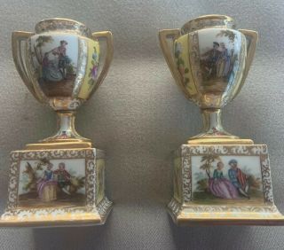 Pair German Dresden Handpainted Miniature Vases 5 In 19 Cent Gilt