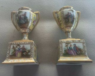 Pair German Dresden Handpainted Miniature Vases 5 In 19 Cent Gilt 3