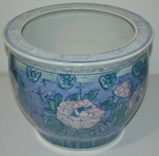 Vintage Large Watercolor Floral Porcelain Fish Bowl,  Planter,  Jardiniere