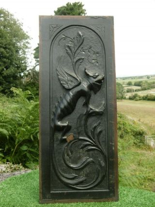 19thc Gothic Mahogany Carved Panel Of A Winged Gargoyle Figure
