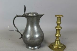 A Great 18th - 19th C Pewter Flagon With Applied Handle And Lid In Old Color