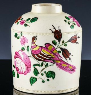 Fine C1780 English Leeds Creamware Famille Rose Enamel Peacock Tea Caddy Jar Box