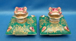 Vtg antique French porcelain Jacob Petit square pillow pair DRESSER PERFUME JAR 3
