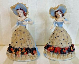 Set Of 2 Vintage Ceramic Women Figurines With Lace Aprons And Hat Trim