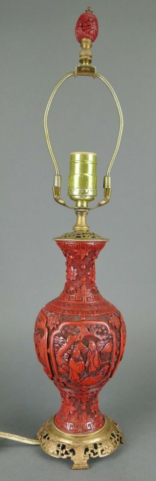 Fine Antique Chinese Carved Red Cinnabar Lacquer Vase Table Lamp