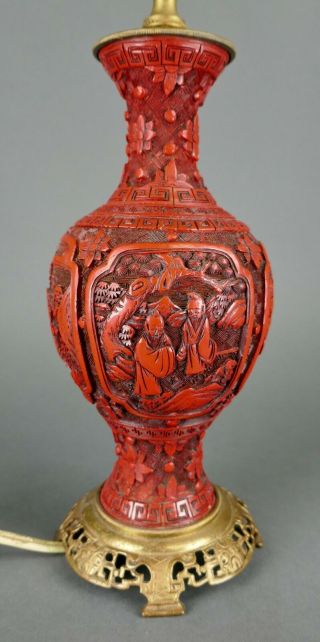 Fine Antique Chinese Carved Red Cinnabar Lacquer Vase Table Lamp 2