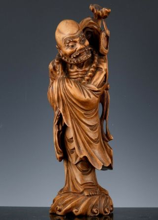 Very Finely Hand Carved Vintage Chinese Hardwood Immortal Scholar Lohan Figure