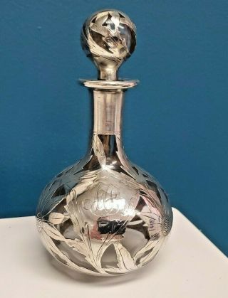 Antique Signed Alvin Sterling Silver Overlay Daisy Perfume Scent Bottle Decanter