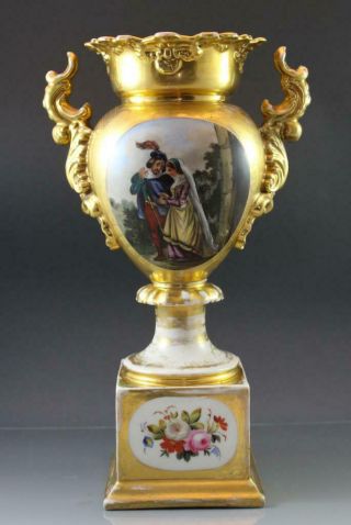 19c French Old Paris Porcelain Hand Painted Urn Form Vase Courting Couple