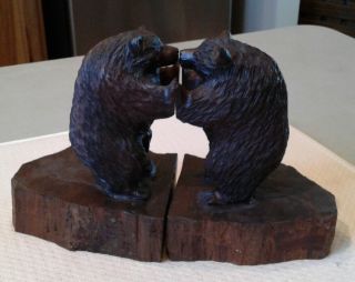 Antique Black Forest Carved Walnut Wood Bear Bookends -