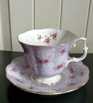 Royal Albert Bone China England Mauve White Lace True Love Tea Cup & Saucer Set