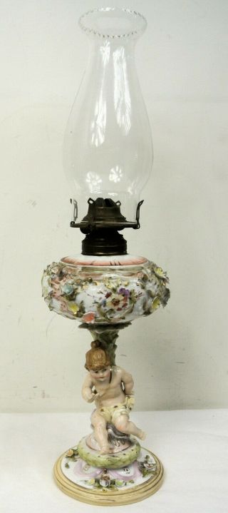Antique Dresden Meissen Style Porcelain Oil Banquet Lamp With Cherub & Flowers