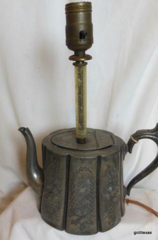 Very Old Britannia Metal Tea Pot Lamp 12 " Socket To Base Sparrow