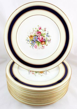 Set (s) 6 Dinner Plates Royal Worcester Princess Royal Z934 Cobalt Gold Flowers